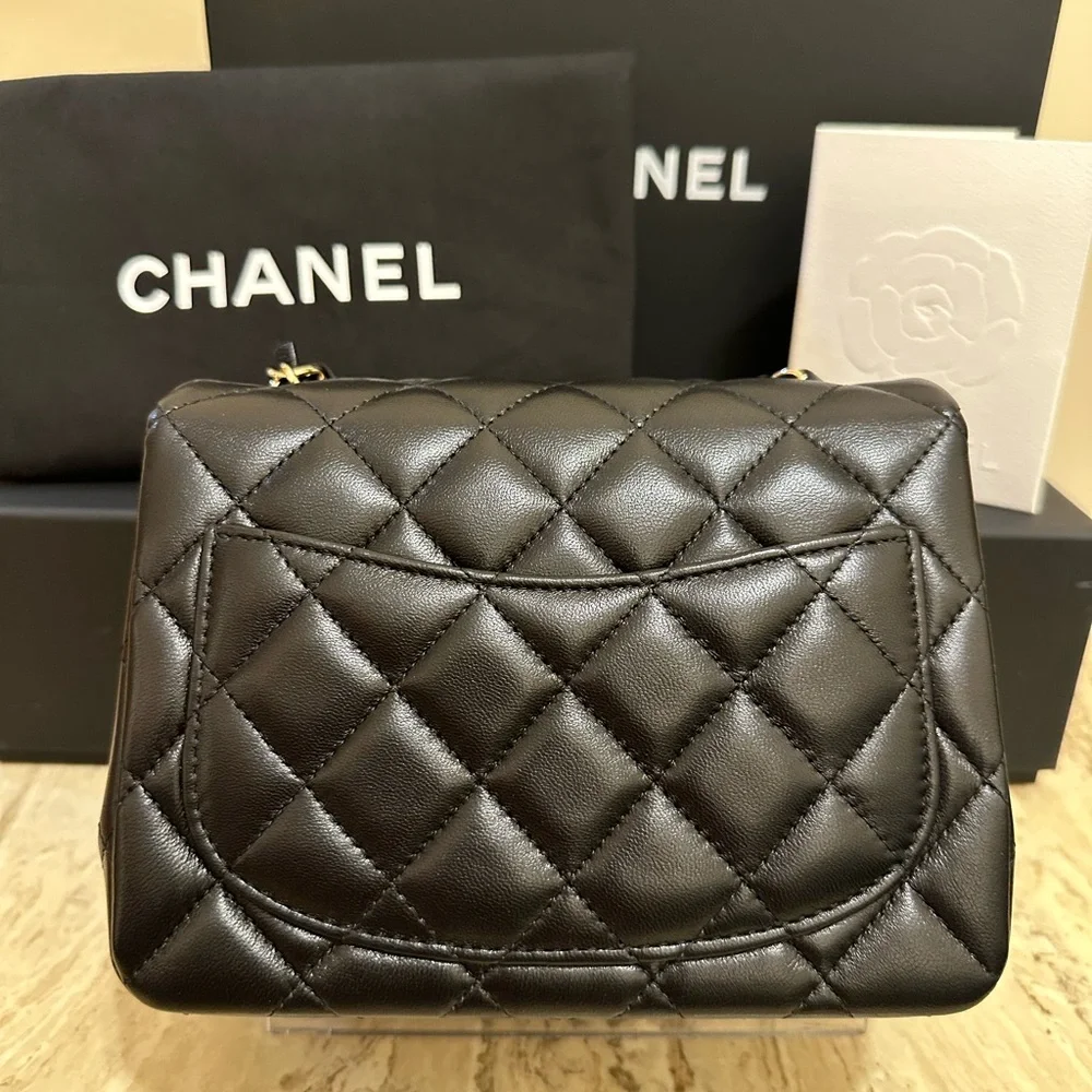 CHANEL 25S CLASSIC BLACK MINI SQUARE FLAP  BAG IN LAMBSKIN FULL SET - Picture 2 of 8